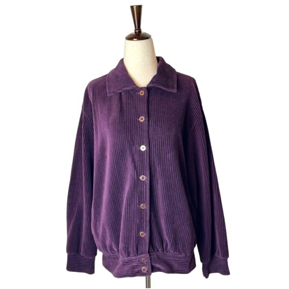 St John Sport Purple Ribbed Velour Collared Button Front‎ Jacket Size M